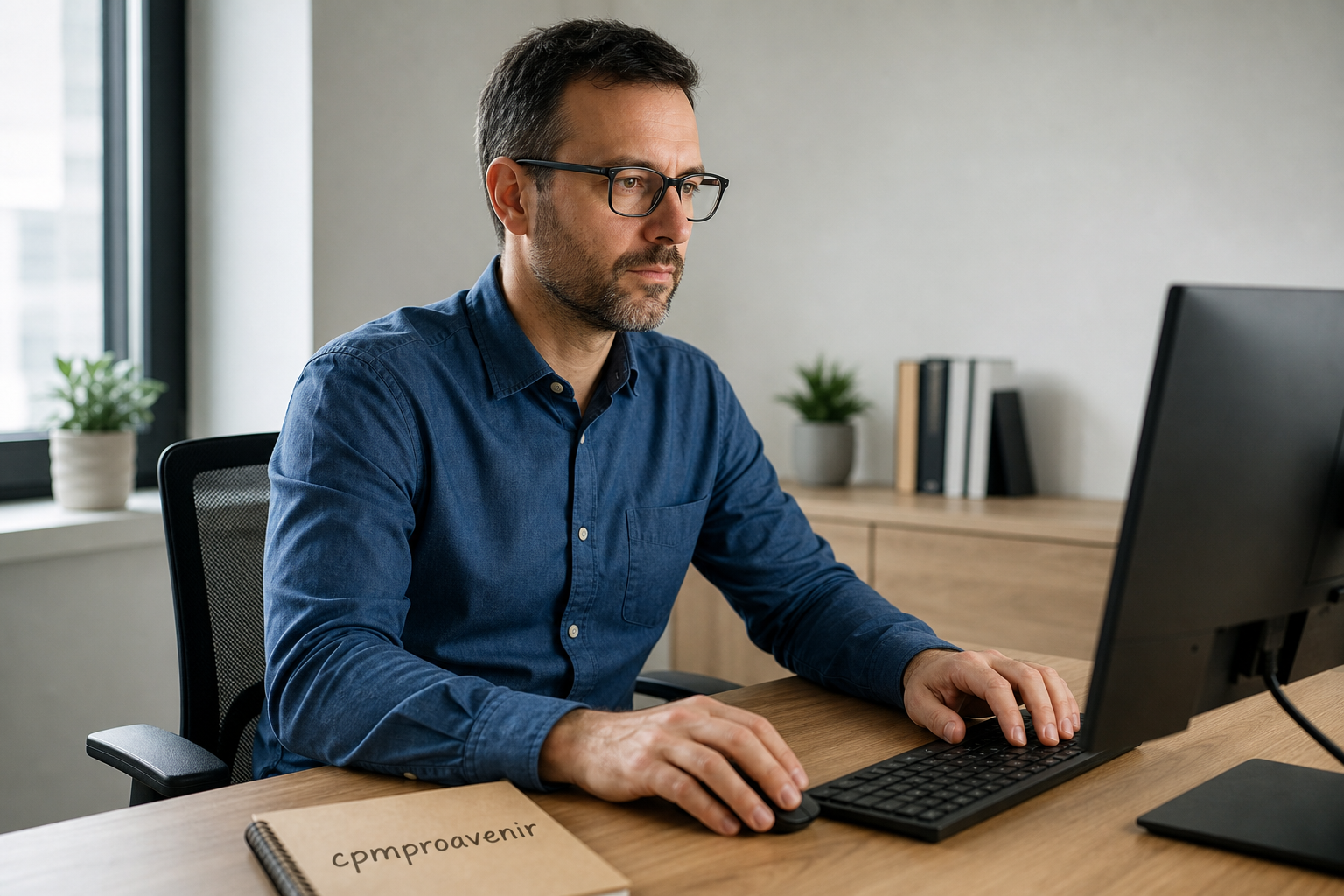 Man Working on Computer with Notebook Marked Cpmproavenir